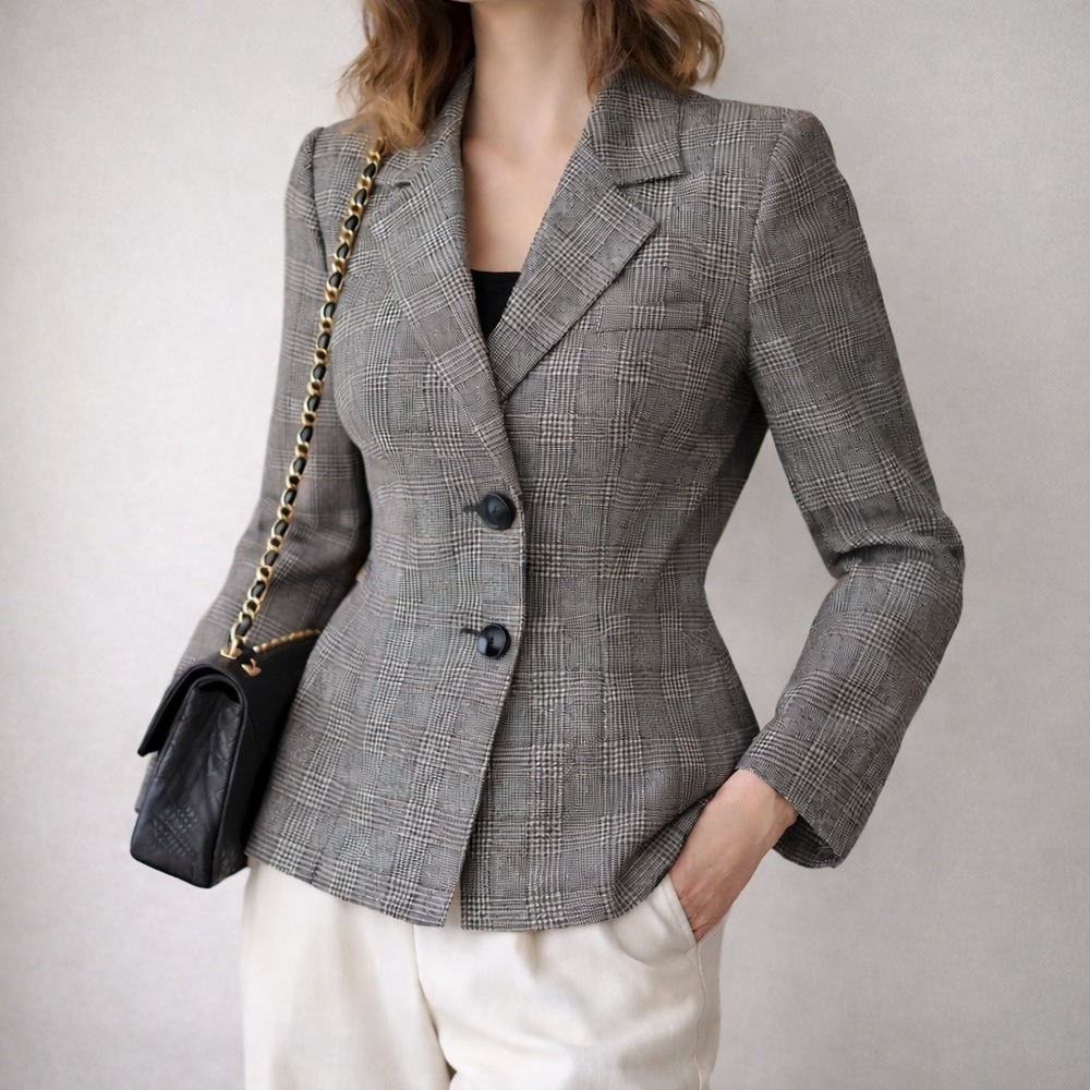 Valentino Miss V Vintage Blazer Glen Plaid Wool Italy Sz 12 Corporate Goth 90s‎